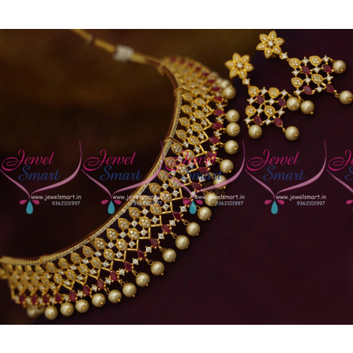 NL9252 Ruby White Pearl Drops Choker Necklace All Neck Size Gold Plated Online