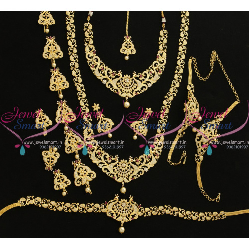 BR9539 Peacock Leaf Design Gold Plated Ruby White Stones Full Bridal Wedding Jewellery Set