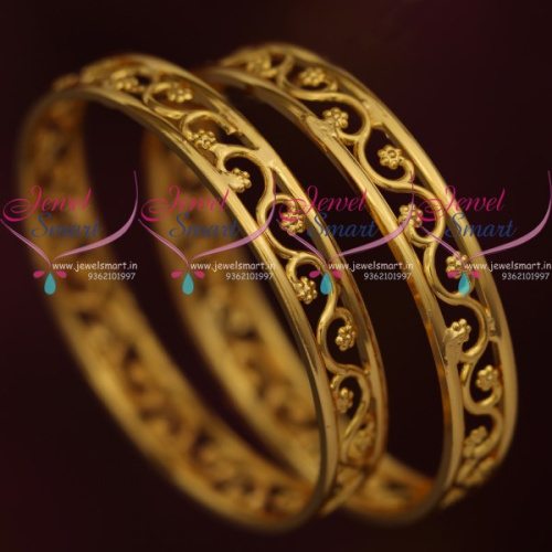 B9381 Floral Design Baby Small Size Broad Gold Plated Bangles Shop Online