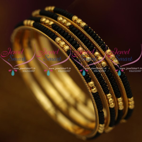 B9384 Traditional Black Beads Nalla Pusalu Karugamani Bangles 4 Pieces Set Daily Wear