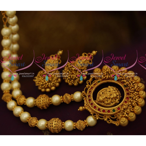 NL9357 Pearl Matte Gold Beaded Temple Gundla Mala Haram South Jewelry Collections