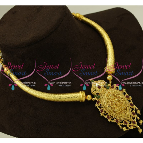 NL9445 Traditional South Temple Laxmi Pendant Curved Pipe Indian Jewellery Set Gold Design