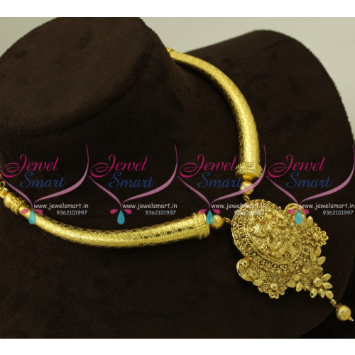 NL9448 Traditional South Temple Laxmi Pendant Curved Pipe Indian Jewellery Set Gold Design