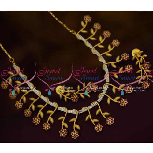 NL9704 Broad Ruby Flower Matte Gold Leaf CZ White Stones Fashion Necklace Set Online