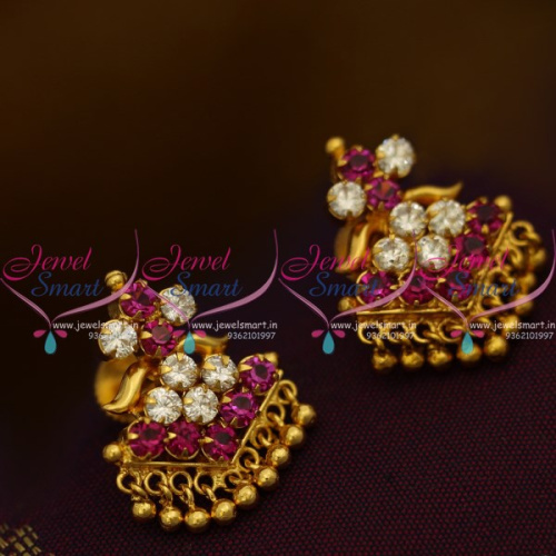 ES9661 Fuschia Pink White AD Stones Screwback Traditional Design Earrings Gold Plated
