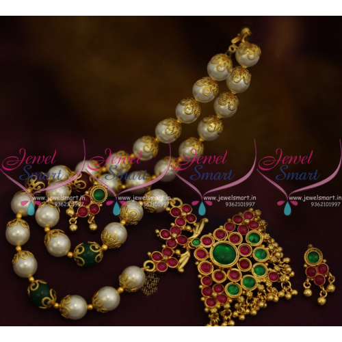 NL9620 Pearl Jewellery Floral Caps Kemp Spinel Ruby Traditional South Indian Gold Finish 