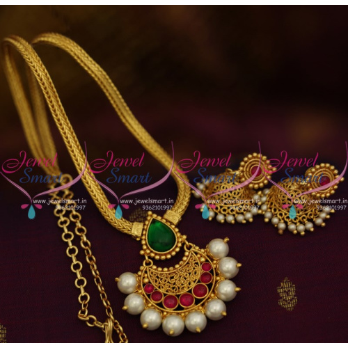 PS9850 Gold Plated South Indian Traditional Flat Chain Pendant Jhumka Kemp Jewellery Online