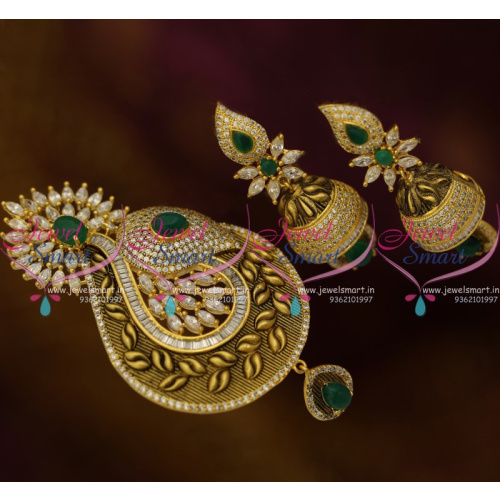 PS9816 Latest Gold Finish Jewellery Matte Antique Kemp GreenPendant Jhumka Earrings Online