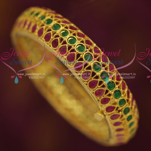 B7257 Ruby Emerald Gold Plated Screw Open Kada Bangles New Design Jewellery Online