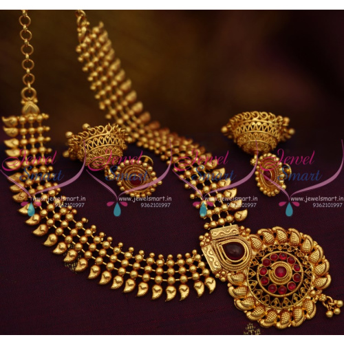 NL10066 Red Kemp Beads Mango Design Traditional Short Necklace Jhumka Screw Back Offer Price Jewellery