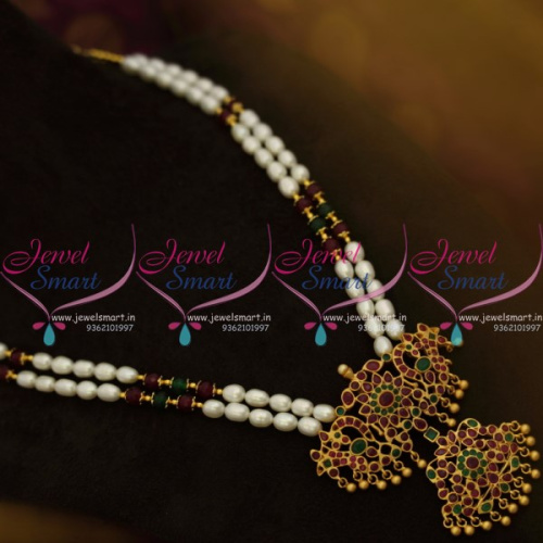 NL9879 Hyderabad Pearl Mala Double Strand Traditional Matte Pendant Broad Gold Design Online