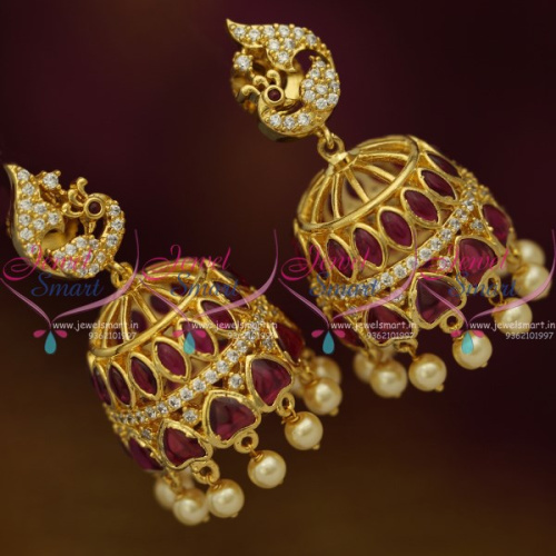 J10016 Latest Kemp CZ Gold Design Jhumka Earrings Peacock Design Buy Online Fashion Jewellery