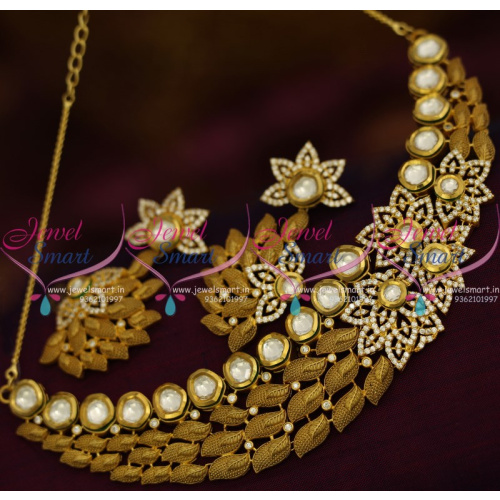 NL9876 Broad Kundan CZ Beautiful Look Matte Gold Short Necklace Big Earrings Buy Online