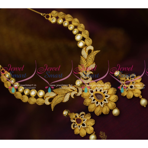 NL9877 Stylish Leaf Design Matte Dull Gold Kundan CZ Ruby Necklace Set Buy Online Premium Jewellery