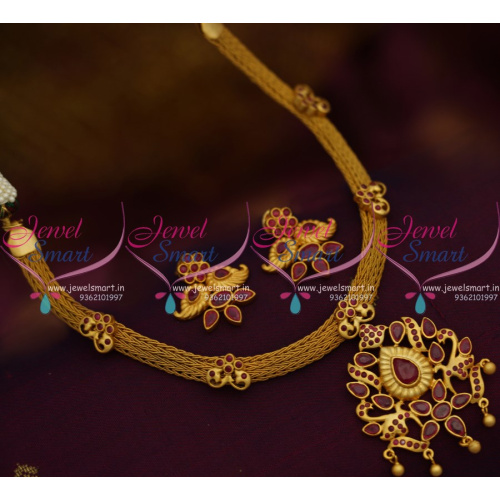 NLA0010 Matte Gold Traditional Design Full Ruby Stones Attigai Necklace Shop Online