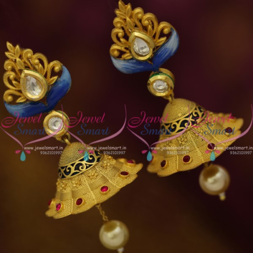J5104 Stylish Look Intricate Design Blue Enamel Kundan Matte Gold Jhumka Earrings Online