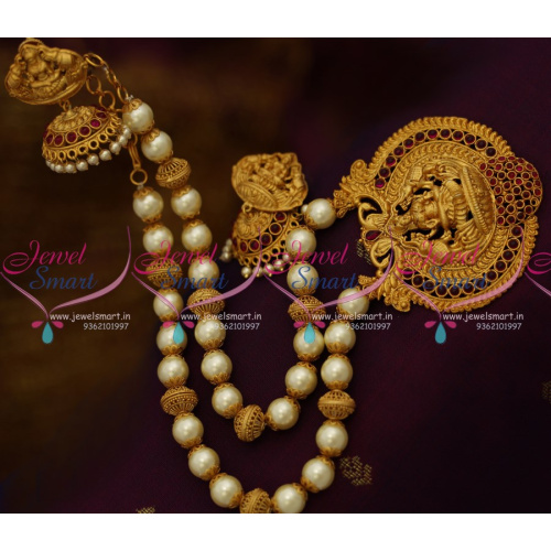 NL9994 Matte Gold Finish Temple Pendant Pearl Beaded Jewellery Jhumka Earrings Online