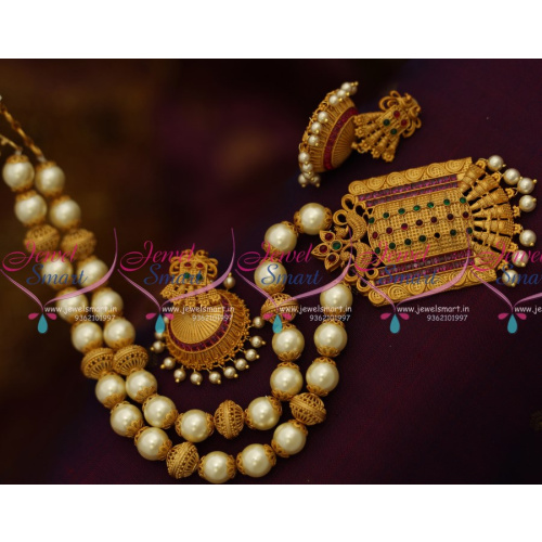 NL9995 Matte Gold Plated Pendant Pearl Handmade Copper Beads Jhumka Earrings Online
