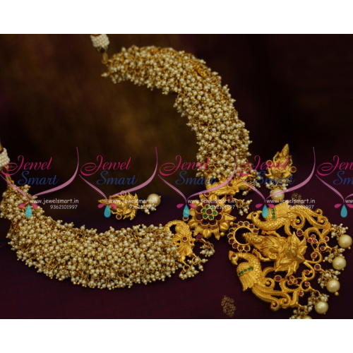 NL9890 Broad Gold Design Pearl Jalar Temple Pendant Handmade Heavy Necklace Set Online