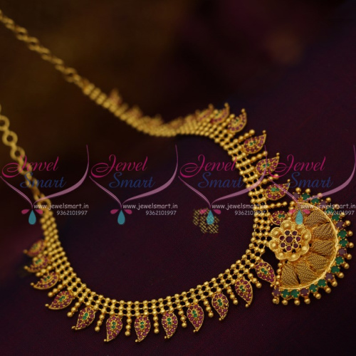 NL10001 South Indian Traditional Style Mango Short Necklace Ruby Emerald Collections Online