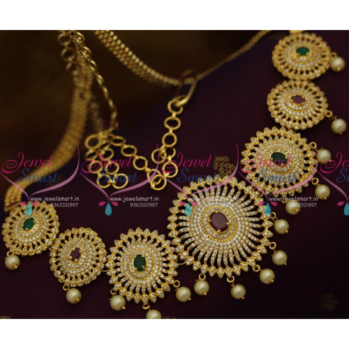 H10227 Offer Price Ruby Emerald 45 Inches American Diamond Hip Chain Grand Wedding Jewellery Imitation Vaddanam Designs