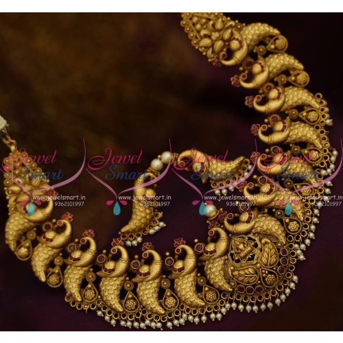 NL10282 Broad Real Gold Look Antique Peacock Ruby Stones Grand Wedding Jewellery Shop Online