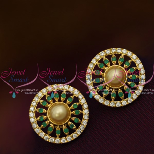 ER10220 Emerald AD White Round Shape Pearl Tops Ear Studs Normal Size Earring Regular Design Gold Plated