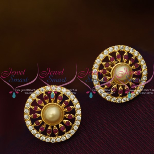 ER10222 Ruby Red AD White Round Shape Pearl Tops Ear Studs Normal Size Earring Regular Design Gold Plated