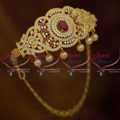 AR10299 Ruby White Gold Plated Semi Precious Stones Chain Aravanki Bajuband Latest Traditional Jewellery Collections