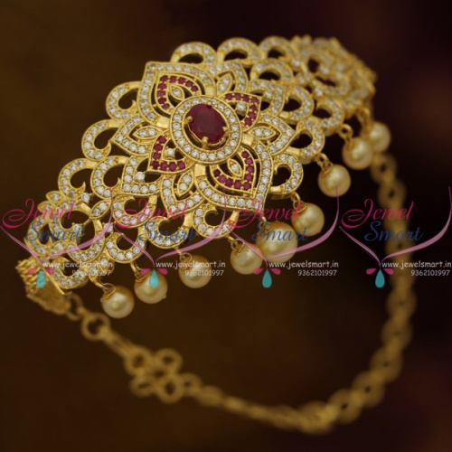 AR10313 Chain Vanki Bajuband Latest Adjustable Size Sparkling Ruby White Stones Gold Plated Ethnic Jewellery
