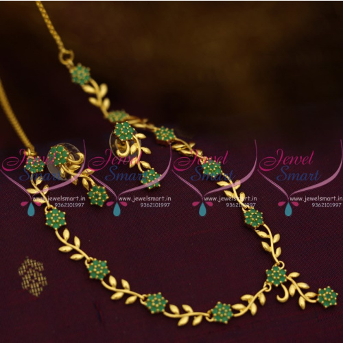 NL10263 Simple Leaf Floral Design Emerald Green Stones Gold Plated Short Necklace Low Price Fashion Jewellery