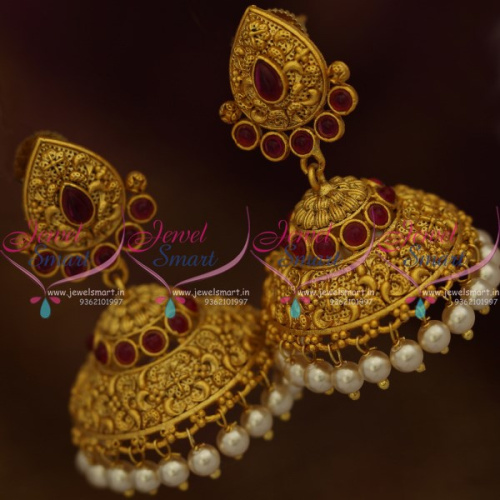 J10292 Nakshi Floral Design Antique Matte Gold Plated Pearl Drops Jhumka Earrings Online
