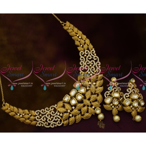 NL10236 CZ Kundan Matte Light Antique Gold Trendy Gold Finish Necklace Latest Jewellery Collection Online