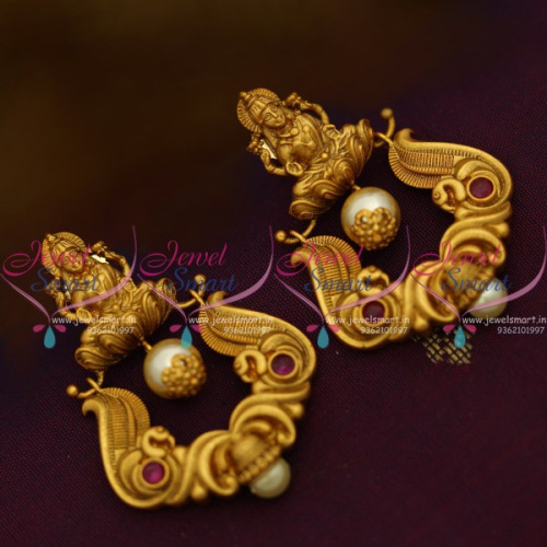 ER10230 Temple Matte Finish Big Size Nakshi Work Pearl Drops Handmade Earrings Online