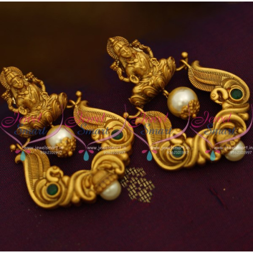 ER10231 Temple Matte Finish Big Size Nakshi Work Pearl Drops Handmade Earrings Online Green Stones