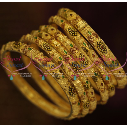 B10209 One Gram Forming Gold Meenakari Enamel Multi Colour Stones 6 Pcs Bangle Set Online