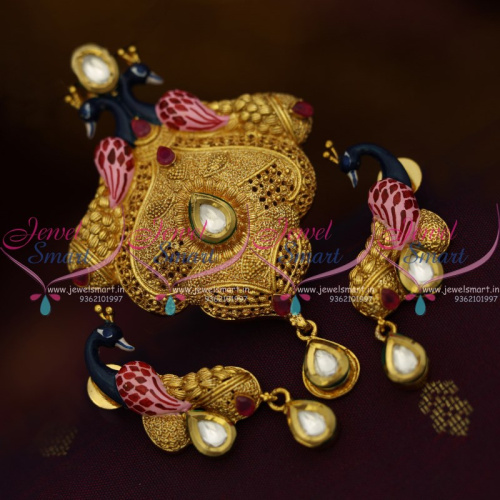 PS10277 Handmade Gold Plated Beautiful Real Look Intricate Peacock Meenakari Design Pendant Set Jewellery Online