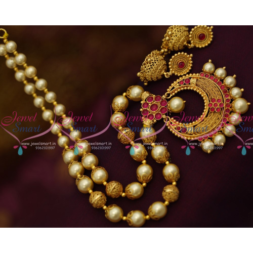 NL10152 Kemp Red Stones Handmade Pendant Shell Pearls Beaded Necklace Screw Back Jhumka Online