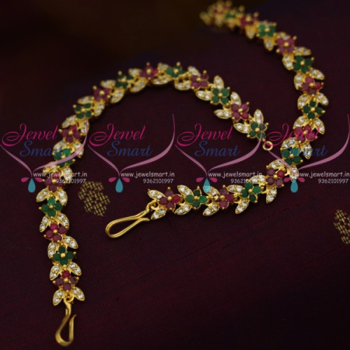 EC9610 Latest Semi Precious Stones Ear Chains Mattal Gold Plated Red Green White AD Online