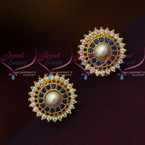 ER10336 Blue AD White Round Shape Pearl Tops Ear Studs Small Size Earring Design Gold Plated