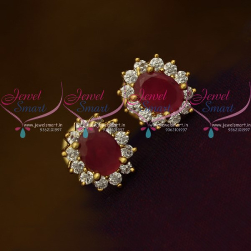 ER10343 Ruby Red AD White Oval Shape Tops Ear Studs Small Size Earring Traditional Design Gold Plated
