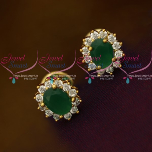 ER10344 Green AD White Oval Shape Tops Ear Studs Small Size Earring Traditional Design Gold Plated