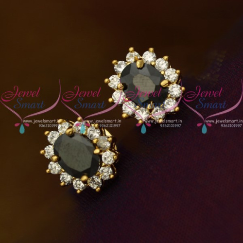 ER10345 Black AD White Oval Shape Tops Ear Studs Small Size Earring Traditional Design Gold Plated