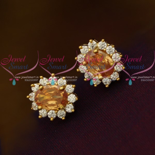 ER10346 Yellow Topaz AD White Oval Shape Tops Ear Studs Small Size Earring Traditional Design Gold Plated