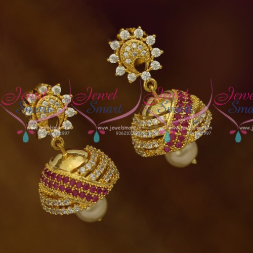 J10531 Mini Size Fancy Design AD Ruby White Colour Stones Beautiful Earrings Latest Fashion Jewellery Designs