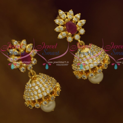 J10536 Ruby White Beautiful Look Small Size Gold Finish Fashion Jewellery Collections Imitation Jhumki Online