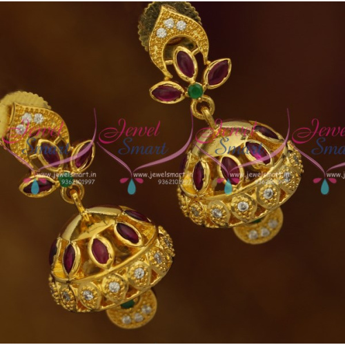 J10542 Mini Gold Plated Jhumka Designs Kemp Red Green White AD Fashion Jewellery Online