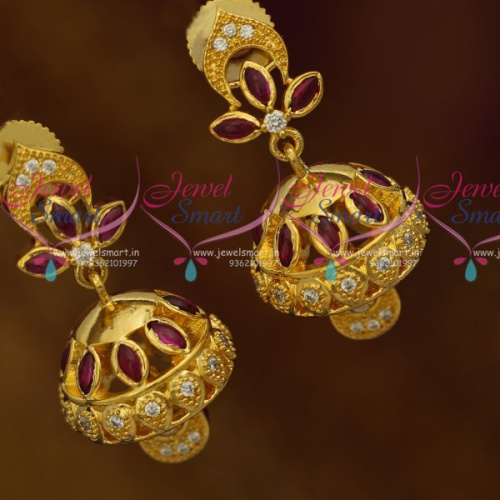 J10543 Mini Gold Plated Jhumka Designs Kemp Red White AD Fashion Jewellery Online