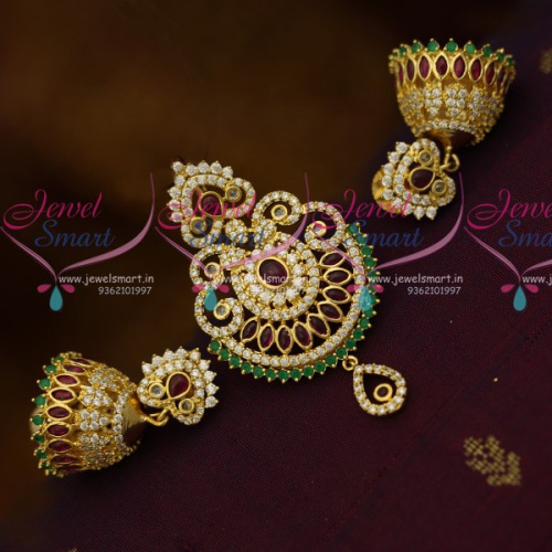 PS10515 Kemp Red Green Small Size Fancy Design Pendant Jhumka Earrings Set Gold Plated Fashion Jewellery Online 