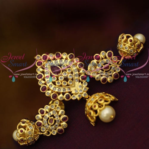 PS10439 Small Size Traditional Uncut Double Step Design Kemp Red Polki Stones Pendant Jhumka Earrings Shop Online